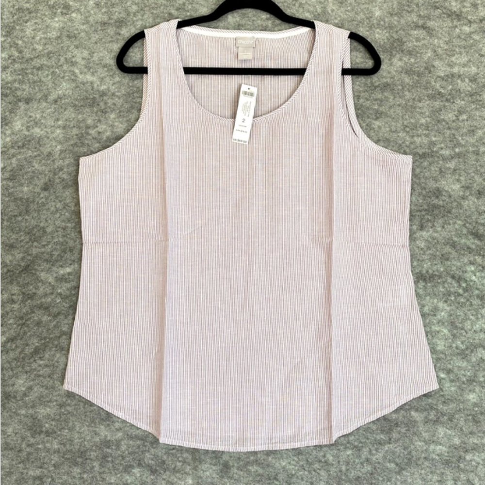 Chicos Womens Tank Top Size 2 L Lavender Blush Linen Blend Striped Scoop Neck